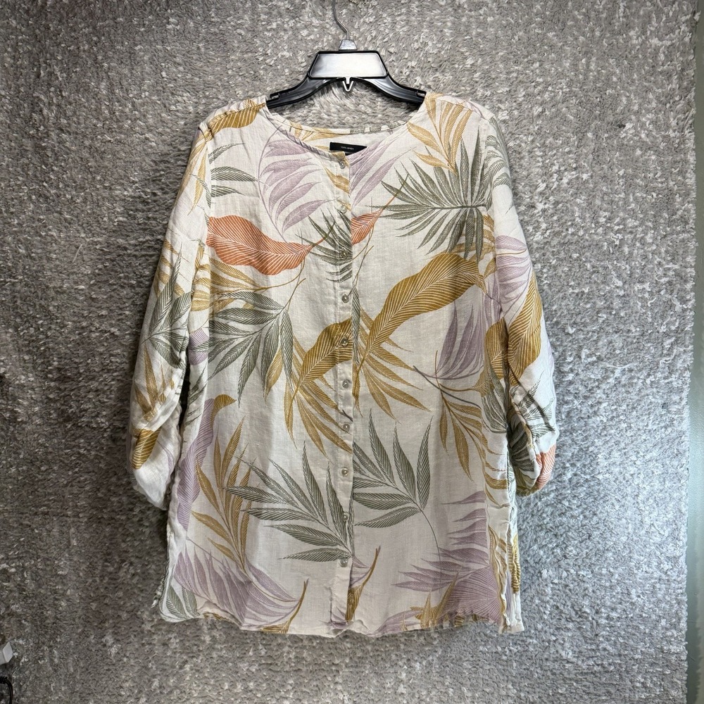 Tahari Linen Button Up 3/4 Sleeve Tunic Top Floral 1X Beach Coastal Resort